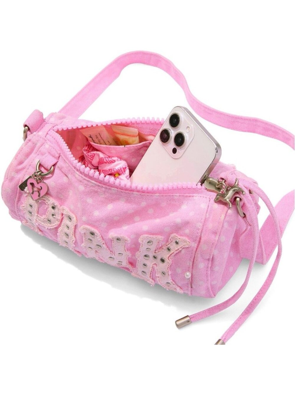 VS PINK CANVAS ROLLED DUFFLE SHOULDER BAG CLASSIC PINK DOT SOLD OUT ONLINE!!